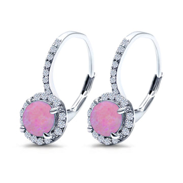 Round Lab Created Pink Opal Earrings LeverBack 925 Sterling Silver